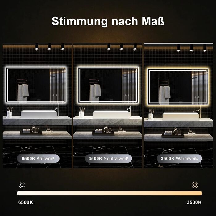 Дзеркало для ванної кімнати Youyijia з підсвічуванням, 70x50 см, з антизапарюючим покриттям, сенсорним вимикачем, 3 кольори світла, регулювання яскравості, 3500K-6500K