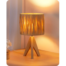 EDISHINE Настільна лампа з ручним плетінням, тепле світло 2700K, дерев'яний штатив, Boho стиль, для спальні, вітальні, готелю, з LED лампою E27 4W, абажур з ротангового паперу