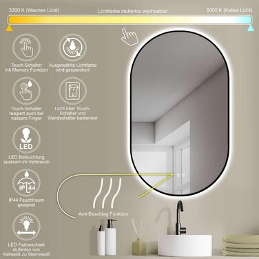 Дзеркало LED HOKO Design ANTIBESCHLAG овальне 45x75 см Bologna+ Metall Rahmen Schwarz. LED підсвічування, сенсорна кнопка, регулювання кольору світла (тепле біле, холодне біле, нейтральне), антизапарник, монтаж HOCH+QUER, 75L x 45B см