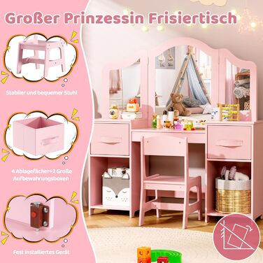 Дитячий туалетний столик MAMIZO 2 в 1 з дзеркалом та стільчиком, рожевий, з 2 висувними ящиками