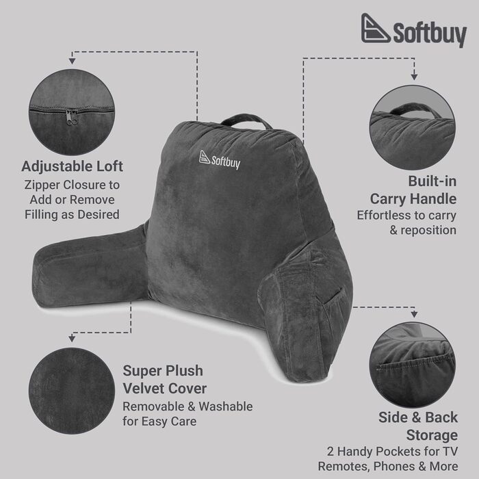 Велике читальне крісло-подушка Softbuy 78,7 см з підголовником, регульована XL-подушка для ліжка, м'яке крісло для дорослих з підлокітниками, ідеально для читання та відпочинку, велике (середнє)