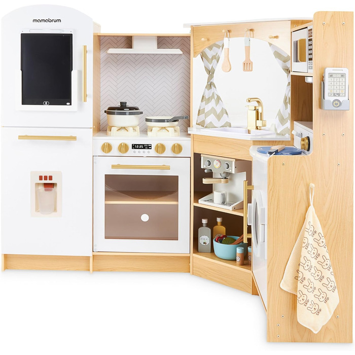 Дерев'яна кухня Мамабрум XXXL з LED-підсвічуванням та диспенсером для кубиків льоду - дитяча кухня з аксесуарами (мікрохвильова піч, посуд, столові прибори) для дітей 3+