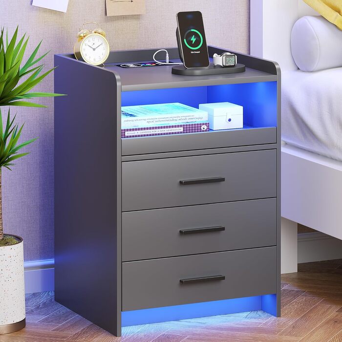 Нічний столик FREDEES з LED-підсвічуванням, ящиком та зарядкою, сірий (2 шт.)