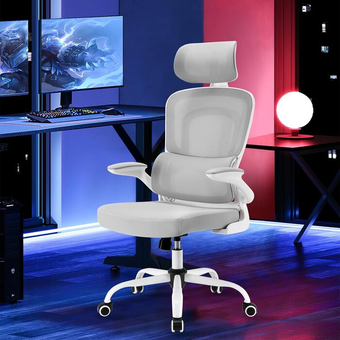 Ергономічне крісло Farini для офісу та дому: регульоване, з підголівником, сіро-біле. Ідеально для роботи за комп'ютером та в home office.