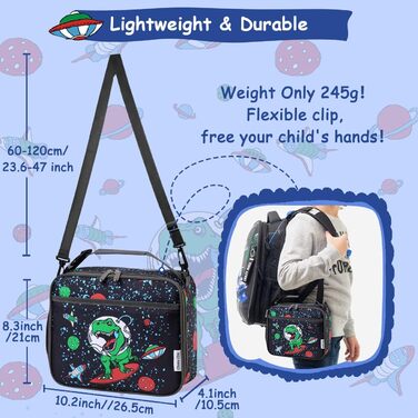 Дитяча сумка для ланчу Chase, ізольована сумка-холодильник, сумка для ланчу для хлопчиків і дівчаток з регульованою затискною ручкою, легка сумка для ланчу в школу, сумка для ланчу з зовнішнім тримачем для пляшок (космічний динозавр)