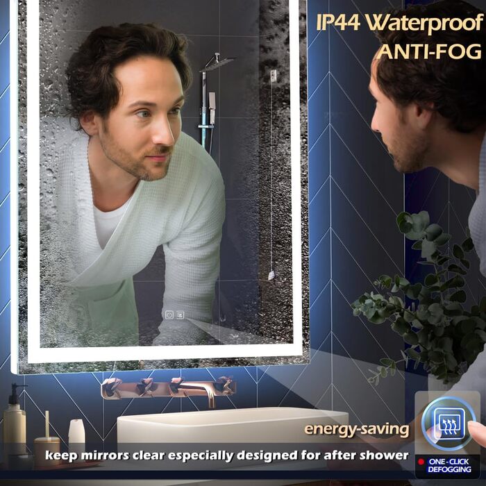 Дзеркало для ванної кімнати LED з підсвічуванням, комодне дзеркало для макіяжу, настінне, 6500K, антитуманне, IP44, 90 x 60 см