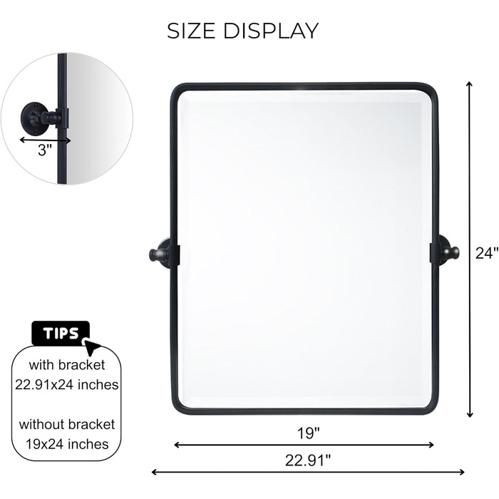 Дзеркало для ванної кімнати TEHOME 61 x 58.4 см, поворотне, матовий чорний, прямокутне, металевий каркас