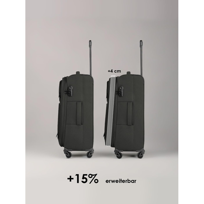 Набір валізак Smartbox 3-в-1 для жінок та чоловіків | Легкі та міцні валізи-ролики, якісний softcase, 4 колеса та кодовий замок | Розширювані валізи (Edition 04) (Чорний, валіза M (67 см) з можливістю розширення)