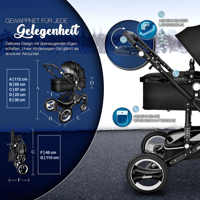 Дитяча коляска KIDUKU® 3 в 1 XXL Комплект | Комбінована коляска з люлькою, прогулянковим блоком та автокріслом. В комплекті: сумка для пеленання, підставка для ніг, грілка для рук, дощовик, столик для дитини. Колеса з повним покриттям, ECE R129 (Чорний / 