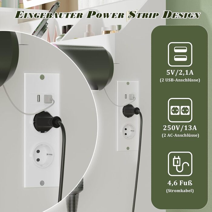 Дзеркальний столик для макіяжу Devoko з LED-підсвічуванням та пуфом, кутовий туалетний столик з розеткою, 5 ящиків, відкриті полиці, тримач для фену, для спальні (білий)