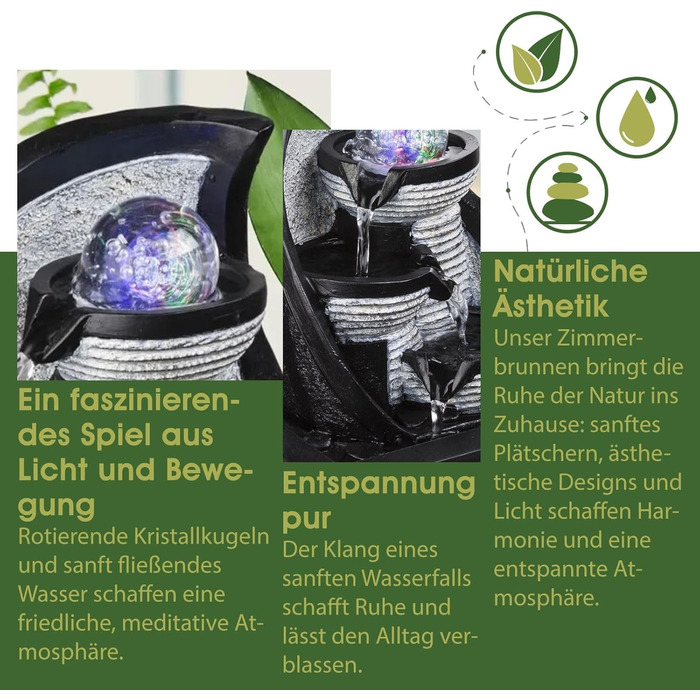 Настільний фонтан BMF-VERSAND® з RGB підсвічуванням та обертовою скляною кулею – декоративна лампа з RGB LED, кімнатний фонтан з підсвічуванням, сірий колір, куля, 4 ступені
