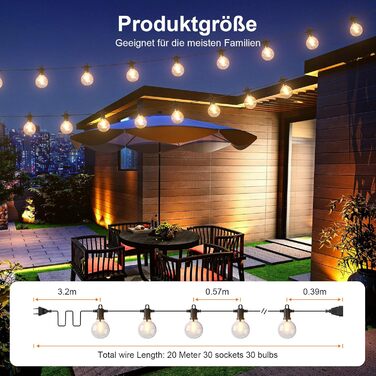 Ланцюжок прикрас Kawaya 10M з LED-лампами для зовнішнього використання, IP65, вологостійкий, теплий білий світлодіодний гірлянда для балкона, тераси, саду, вечірки, шлюбу, заднього двору