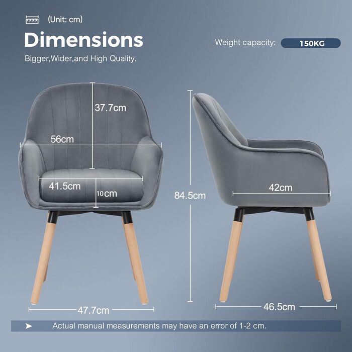 Крісла для їдальні ELUCHANG (2 шт), 360° обертання, товста подушка 10 см, високі підлокітники, сірий велюр, до 150 кг, для спальні, кухні, вітальні