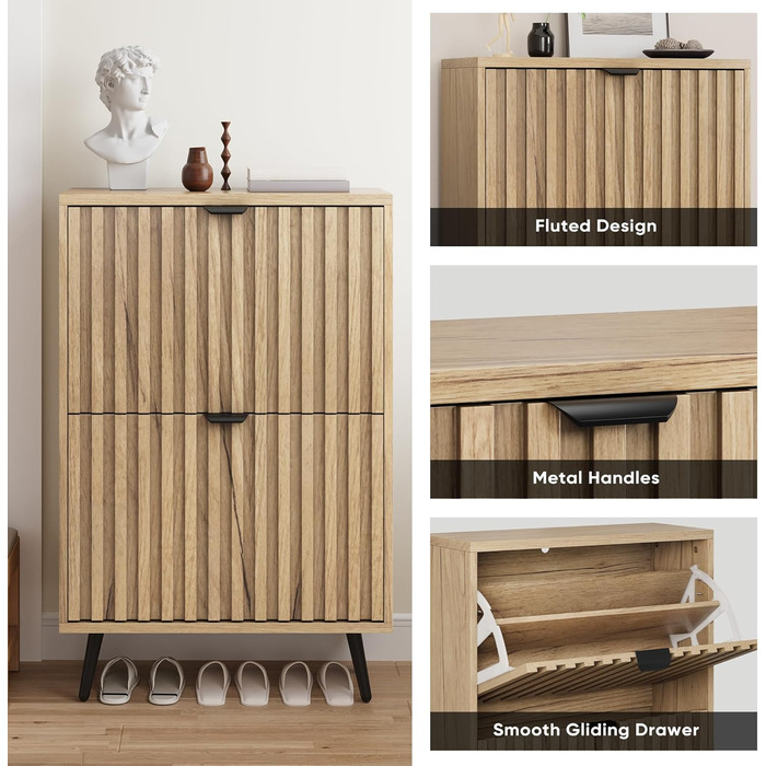 Шкаф для взуття Smuxee з 2 відкидними полицями, 60 см. Сірий шаф для взуття з рельєфним дизайном, незалежний органайзер для взуття для передпокою, коридору, вітальні або гардеробу.