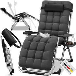 Лежак ELONEO розкладний преміум з подушкою, сонячний лежак для саду, вологостійкий, широка спинка, регульована, з подушкою для шиї та тримачем для напоїв, антрацит