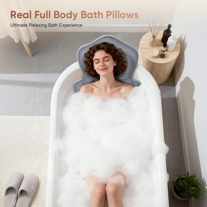 Подушка для ванни з підтримкою попереку, 144 присоски, 4D м'яка, з підголовником та додатковою подушкою, 133x41 см, сіра. З миючим мішком.