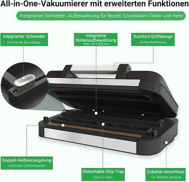 Вакууматор 10-в-1 для продуктів 95 кПа, вакуумний пакувальник з подвійною термозаваркою, вбудованим ножем та відсіком для пакетів, сталевий корпус, комплект з 2 рулонами
