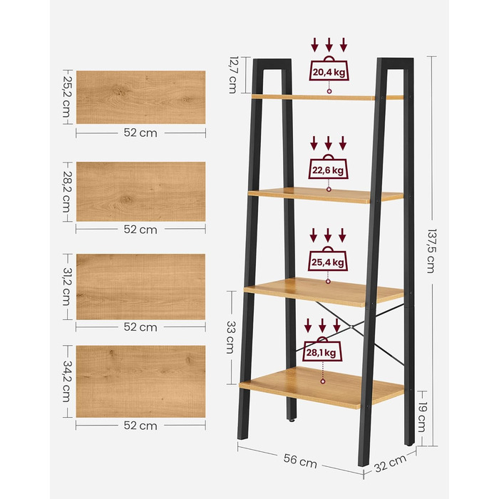 Полиця для сходів VASAGLE, 4 рівня, промисловий дизайн, сталевий каркас, горіх коричнево-чорний, 56 х 137,5 см