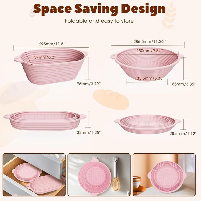 Набір для закваски з силікону MQFORU: 30 шт. Гірчаки (28 см круглі, 29 см овальні), скляна тара 730 мл, щітка, скребок. Для випікання хліба (рожевий)