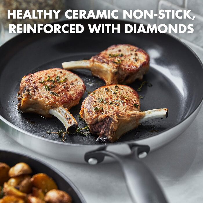 Набір сковорідок GreenPan Venice Pro Noir 26см та 30см, нержавіюча сталь, антипригарне покриття Ceramic, чорний, без PFAS, для індукційних плит, придатні для миття в посудомийній машині, термостійкі, сріблясті