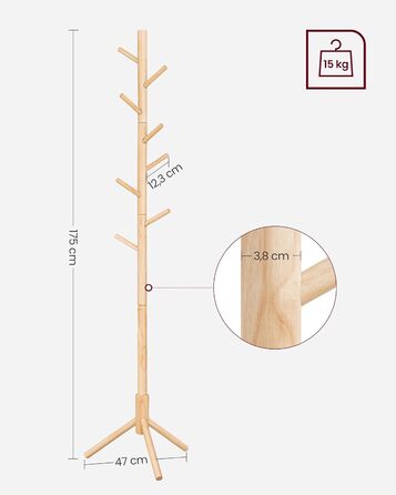 Стійка для одягу VASAGLE з масиву дерева, 8 гачків, 3 регульовані висоти, для одягу, шапок, сумок, вітальня, спальня, офіс, RCR04GY (натуральний колір)