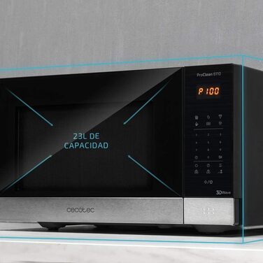 Мікрохвильова піч Cecotec Pro Clean 6110, 23 л, 800 Вт, гриль 1000 Вт, 8 програм, Ready 2 Clean, 3D Wave, чорна/срібляста нержавійка