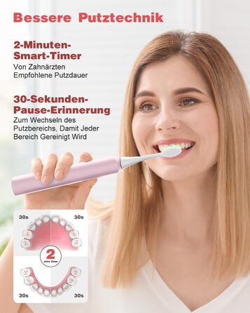 Електрична звукова зубна щітка, 5 режимів, рожева, з таймером та 6 насадками DuPont