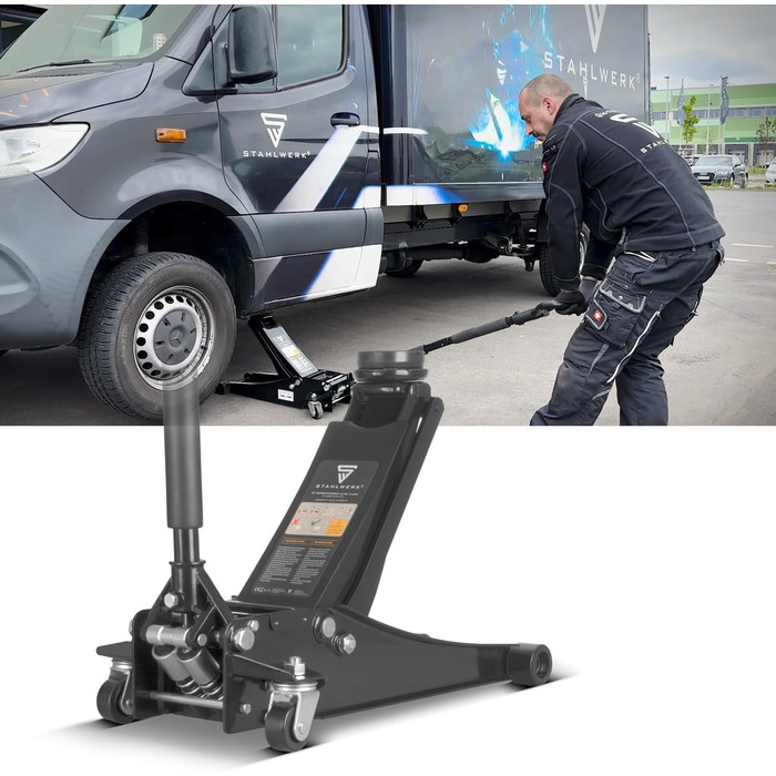 Гідравлічний домкрат Stahlwerk 3т низькопрофільний 73-500мм з гумовими колесами та поворотним руків'ям