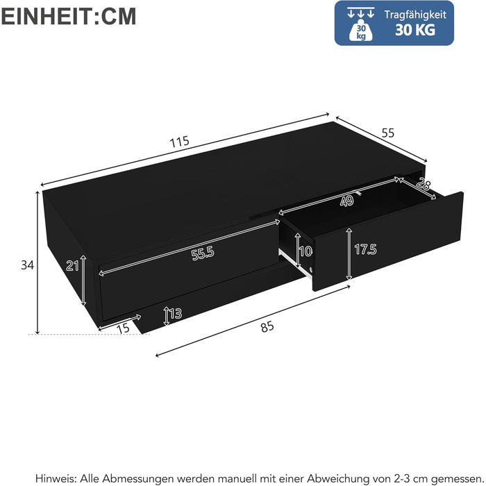 Журнальний столик Merax High Gloss LED, 2 висувних ящика, відкрите відділення, 115x55x34 см, чорний