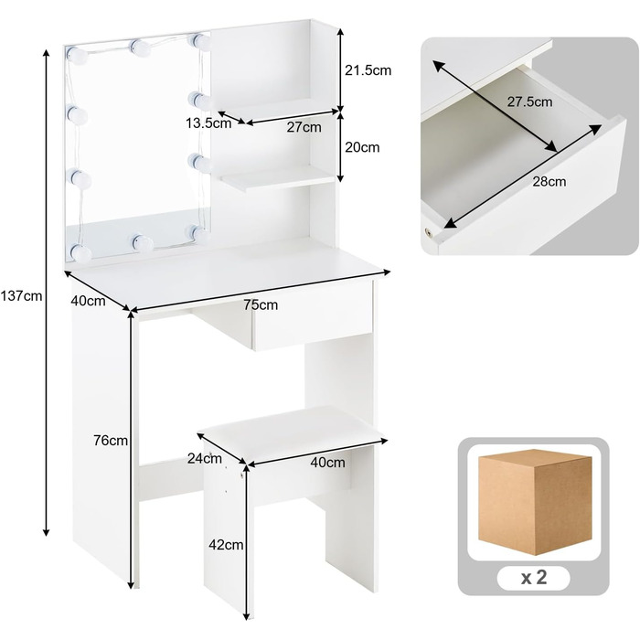 Туалетний столик зі світлодіодом, дзеркало, стілець, 1 ящик, 2 полиці, білий