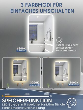 Дзеркало для ванної кімнати Habison з підсвічуванням, Bluetooth, 60x80 см, LED, протитуманне, 3 режими, диммування, IP44