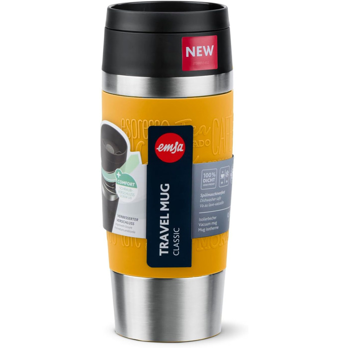 Термокружка Emsa N20210 Travel Mug Classic Isolierbecher, 0.36 л, нержавіюча сталь, 4 години гаряча, 8 годин холодна, герметична, для миття в посудомийній машині, 360° відкривання (Senfgelb)