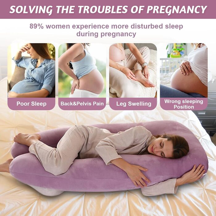 Вагітний подушка U-подібної форми, подушка для всього тіла з чохлом, подушка для годування XXL, велика подушка для сну на боці для вагітних знімний та пральний чохол (Рожевий, Велюр)