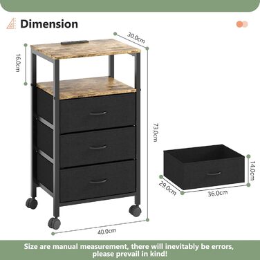 Нічний столик з бездротовою зарядкою, 2 розетки AC та 2 USB-порти, 3 шухляди, коліщатка, вінтажний дизайн, чорно-коричневий (для вітальні, спальні)