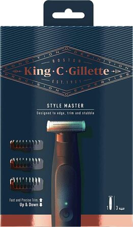 Тример для бороди King C. Gillette Style Master для чоловіків з 1 змінним 4D-лезом і 3 змінними насадками-гребінцями, подарунок чоловікам