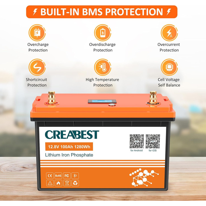 Акумулятор 12V 200Ah CREABEST LiFePO4, BMS, Bluetooth, глибокий цикл, 2560 Вт, для автофургону, сонячної системи, поза мережею