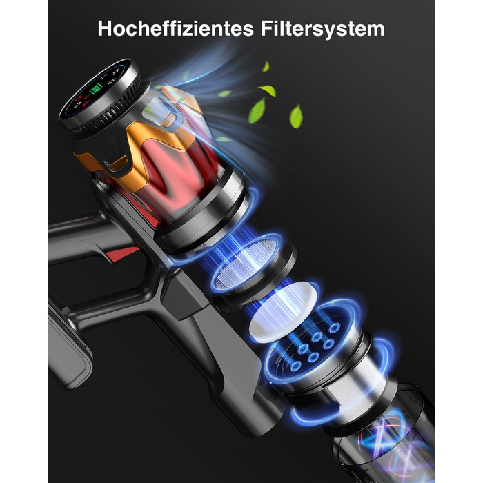 Бездротовий акумуляторний пилосос 45000Pa/550W/65хв, об'єм 1,6л з дисплеєм, антизаплутана щітка, самостійна підставка, док-станція на стіну, 8-шарова фільтрація, тиха робота, для шерсті тварин/килимів/твердих поверхонь/автомобіля (Червоний)