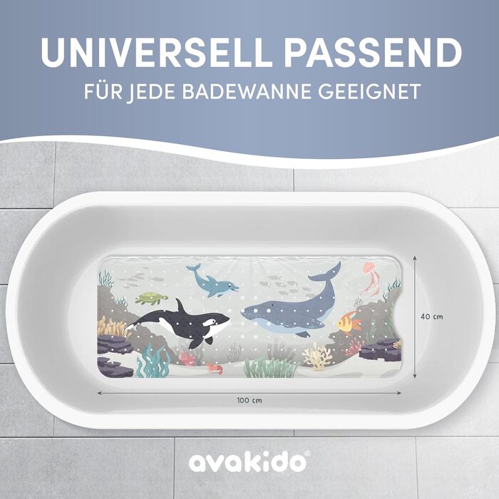 Нековзний килимок для ванної avakido дитячий з 2 гачками, не містить BPA, стійкий до цвілі, миється (Meeresfreunde)