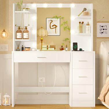 Трюмо TEENFON з дзеркалом та підсвічуванням, біле. 4 шухляди, 4 відкриті полиці, 5 гачків для прикрас.