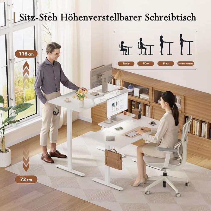 Регульований по висоті письмовий стіл Klicelor 140x60 см з LED-підсвіткою, розетками та підставкою для монітора, білий — ігровий та офісний стіл для роботи стоячи