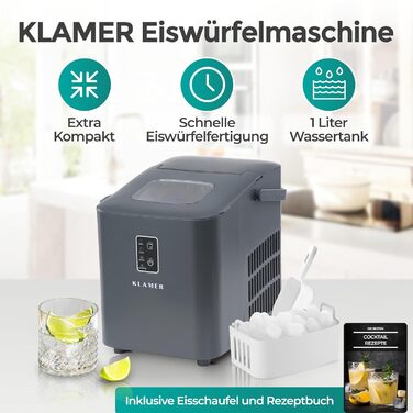 Льодогенератор KLAMER 24 кг/добу, 3 розміри льоду, 2.2л резервуар, 130W, тихий, сірий