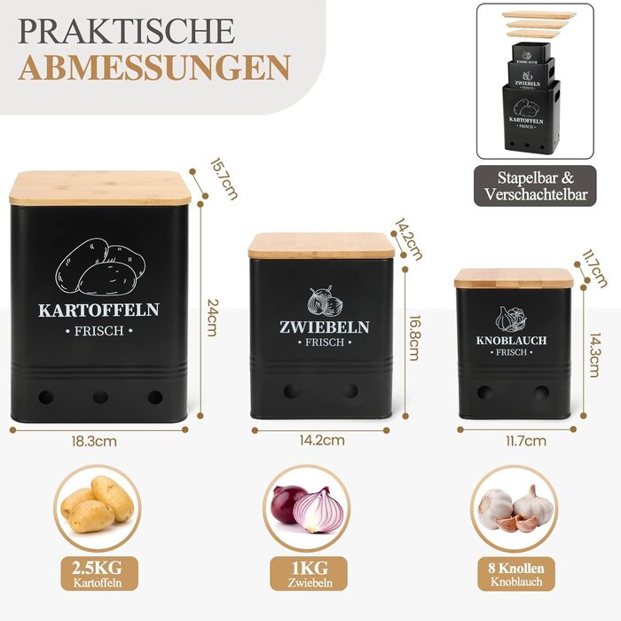 Набір контейнерів для зберігання картоплі, цибулі та часнику, 3 шт. з бамбуковим кришками, чорного кольору. Зберігає овочі свіжими довше, стійкий, складений.