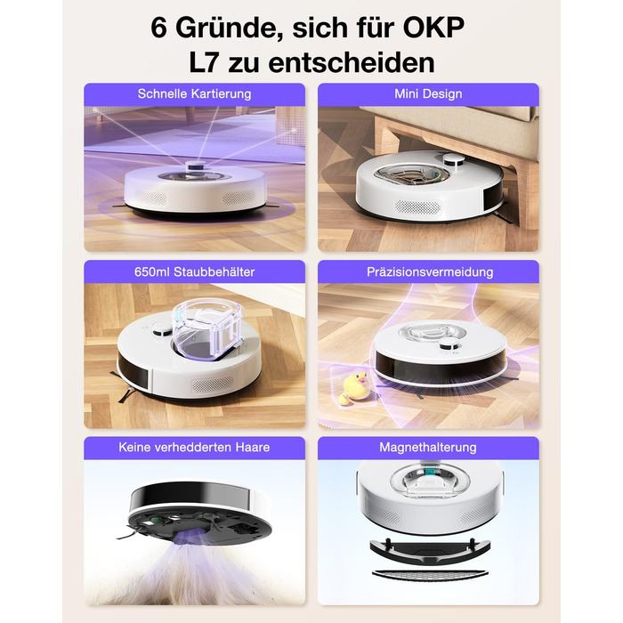 Робот-пилосос OKP L7G 3-в-1 з функцією миття підлоги, LiDAR-навігація, 6000Pa, 150 хв роботи, WiFi, Alexa, для тварин, килимів, твердих підлог, сірий