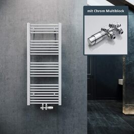 Елегантний радіатор для ванної кімнати 1600x600 мм білий, середнє підключення, сушка для рушників, радіатор опалення (120x50 см, з хромованим мультиблоком)