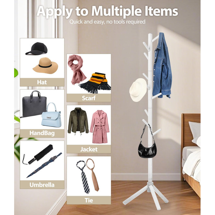 Підвісна шафа для одягу з бука, 9 гачків, 3 положення по висоті, білий колір