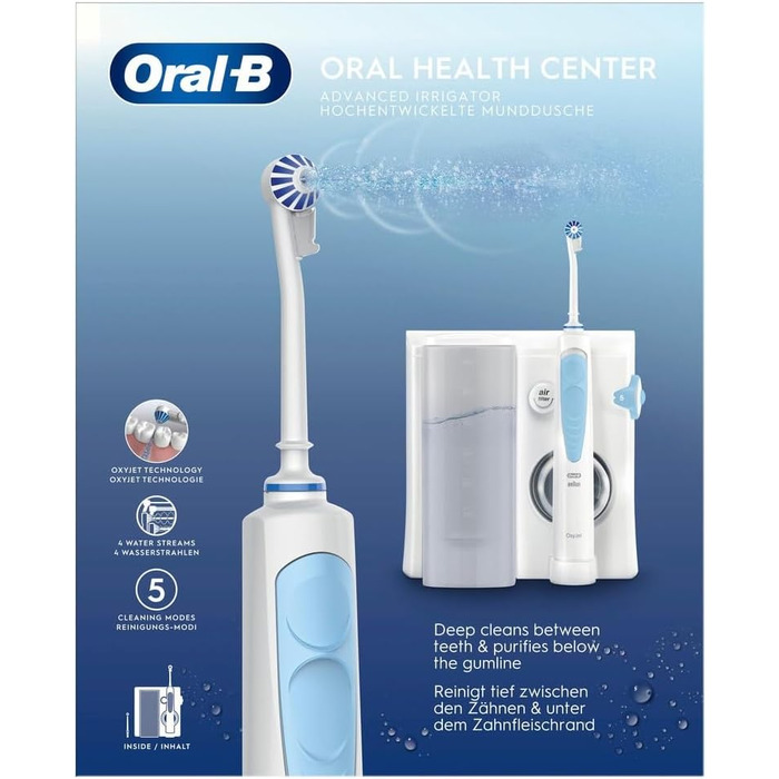 Іригатор Oral-B Oral Health Center з 2 насадками, для очищення міжзубного простору, з Oxyjet-технологією, 5 рівнів тиску, білий/блакитний