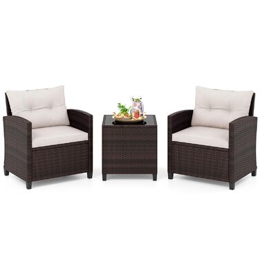 Набір садових меблів COSTWAY з ротангу для балкона та тераси, 3 предмети: 2 крісла, стіл зі скляною стільницею, подушки. Колір: коричневий + білий.