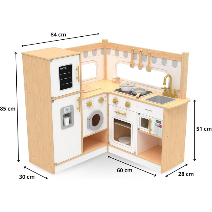 Дитяча дерев'яна кухня Mamabrum XXXL з LED-підсвічуванням та аксесуарами: мікрохвильова піч, посуд, столові прибори. Ігровий набір для дітей 3+ (кухня куткова)