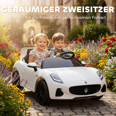 Дитячий електромобіль Maserati, 2 місця, акумулятор 12V, пульт дистанційного керування, світлодіодні вогні, музична панель, білий
