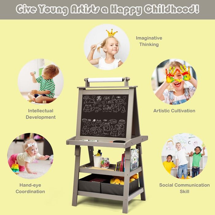 Дитяча мольберт LIFEZEAL 3 в 1: дошка для малювання, whiteboard, крейдяна дошка та рулон паперу, з 2 поличками та ящиками для зберігання, сірий